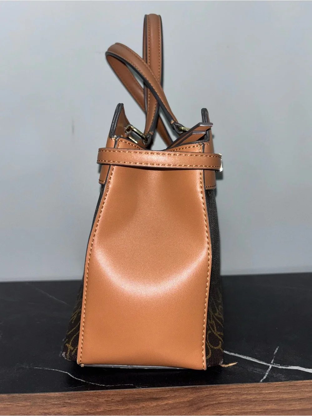 🥥Calvin Klein Brown Monogram Satchel with Tan Trim
